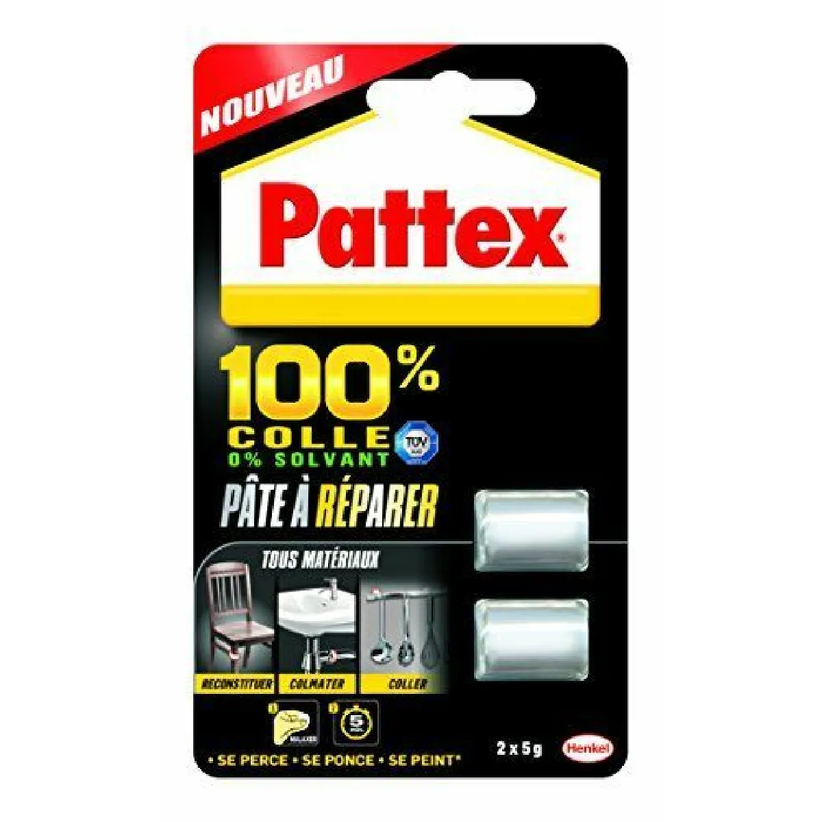 Pattex 1875423 100% Pâte à réparer 2 x 5 g