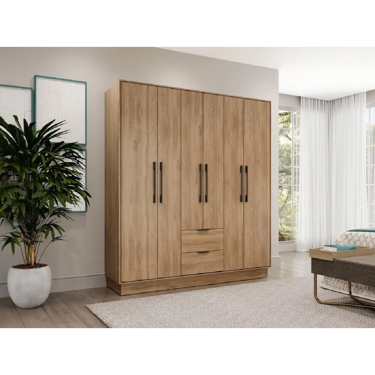 Armoire 6 portes et 2 tiroirs - L162 cm - Coloris : Naturel - FEOVA