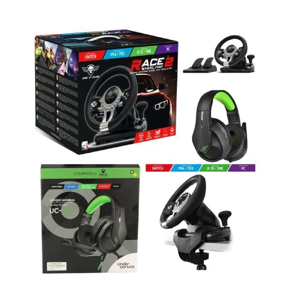 Volant et pédales de jeu Race Pro Wheel 2 Xbox Séries X-S PS4 SWITCH PC SPIRIT OF GAMER + CASQUE GAMER X-S PS4 PS3 SWITCH PC