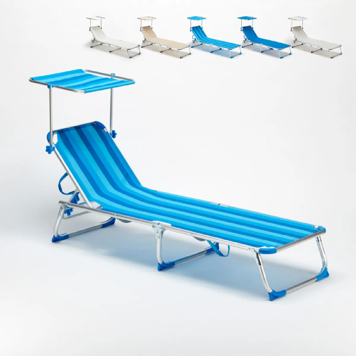 Lit de plage pliant bain de soleil transat piscine portable pare-soleil California, Couleur: Rayures Bleues