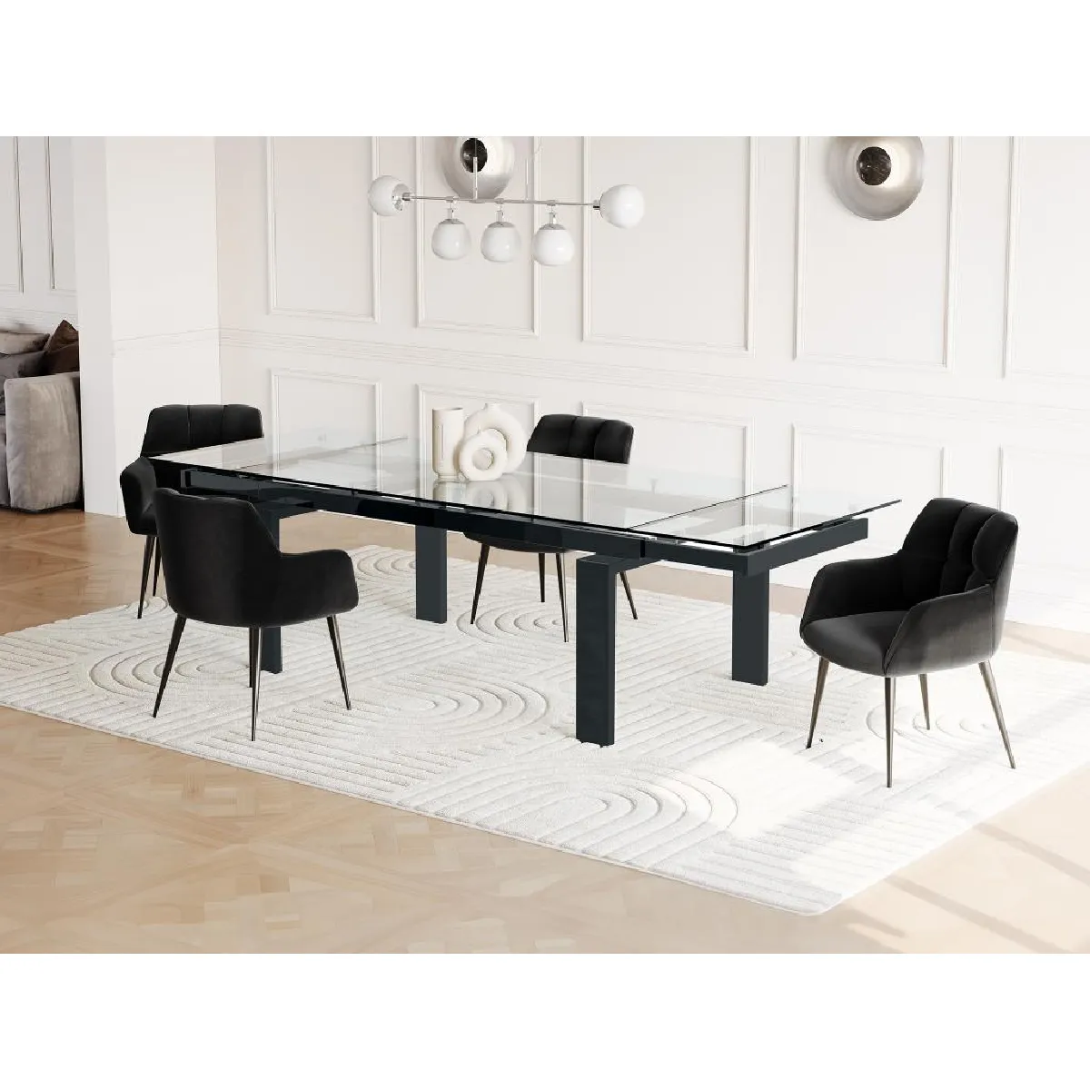 Table à manger extensible LUBANA - Verre trempé & métal - Noir - 8 à 10 personnes