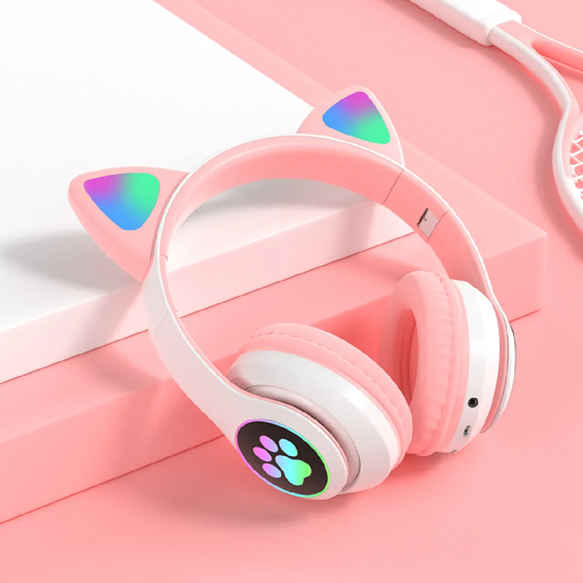 Casque sans fil Bluetooth 5.0 casque RGB casque bas bruit annulation adulte enfant fille casque support carte TF MIC -(Rose)