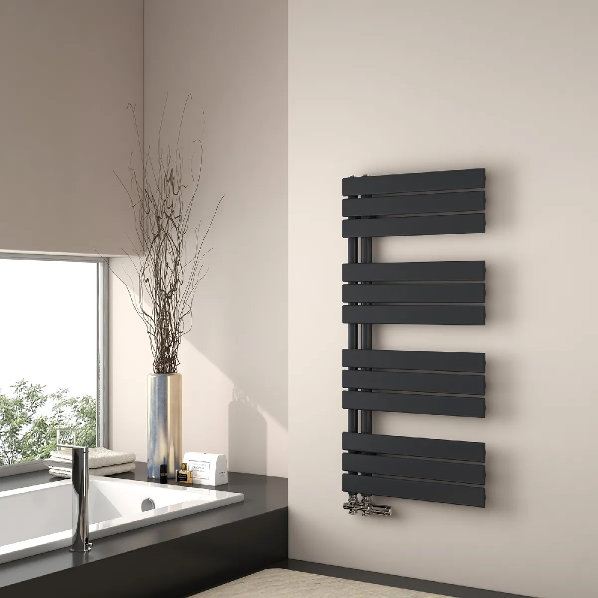 EMKE Radiateur Panneau, Sèche-serviette eau Chaude, Porte-Serviettes Pour Le Chauffage de la Salle de Bain, Chauffe Serviettes à Température Constante, 100x50cm, 529W, Noir