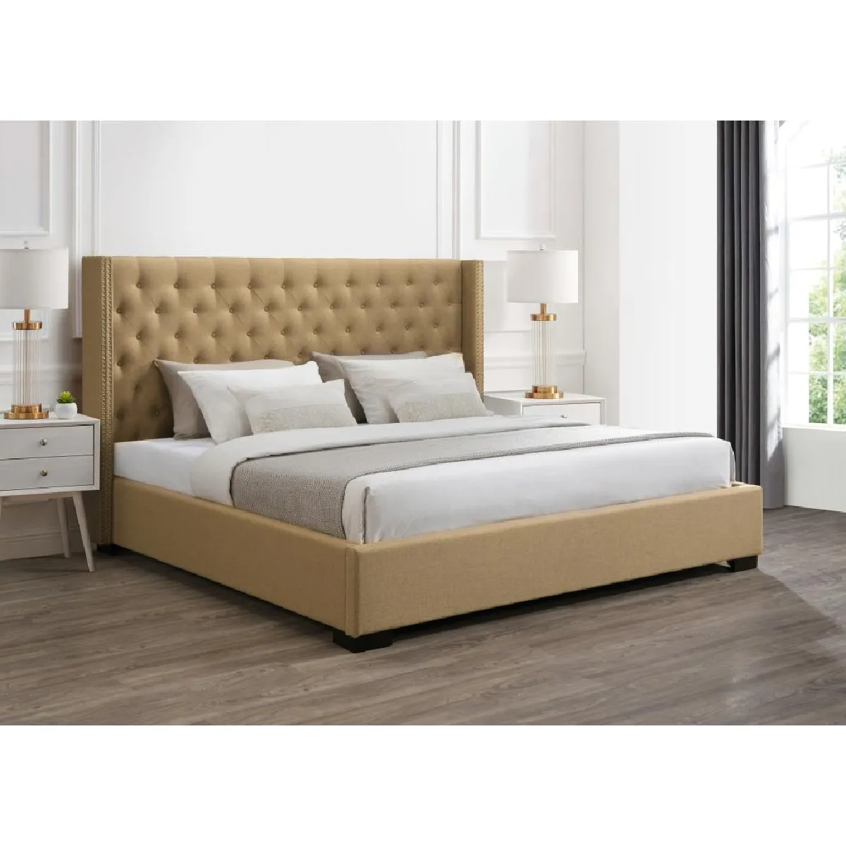 Lit coffre 200 x 200 cm avec tête de lit capitonnée - Tissu - Beige + Matelas - MASSIMO