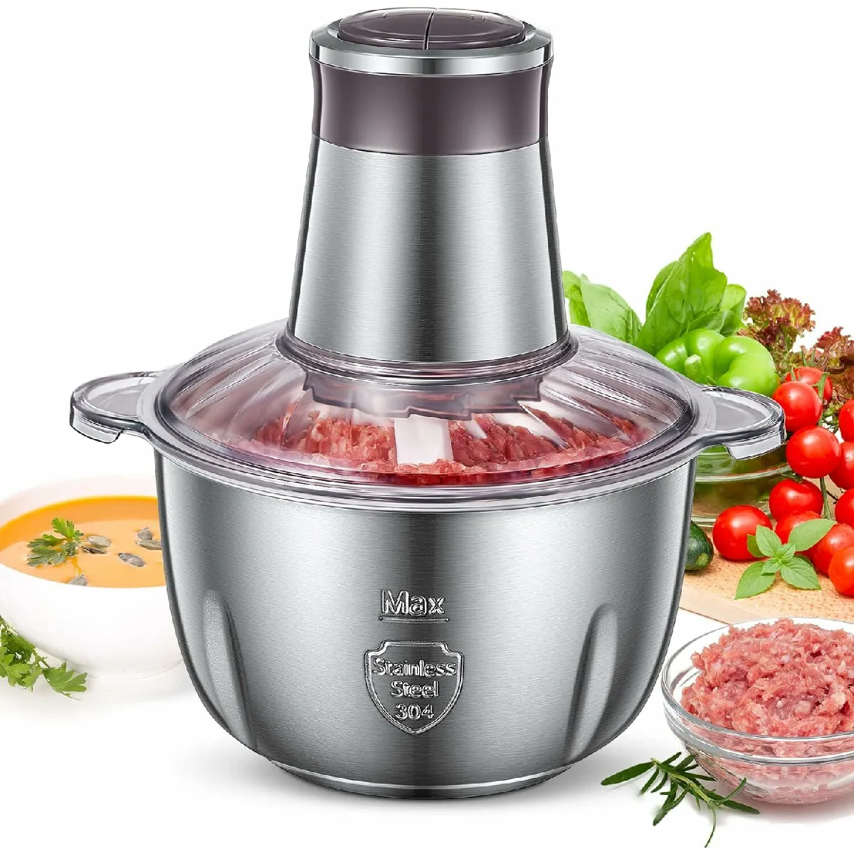 Mini Hachoir à Viande électrique 2.5L avec 4 Lames en Inox 350W gris