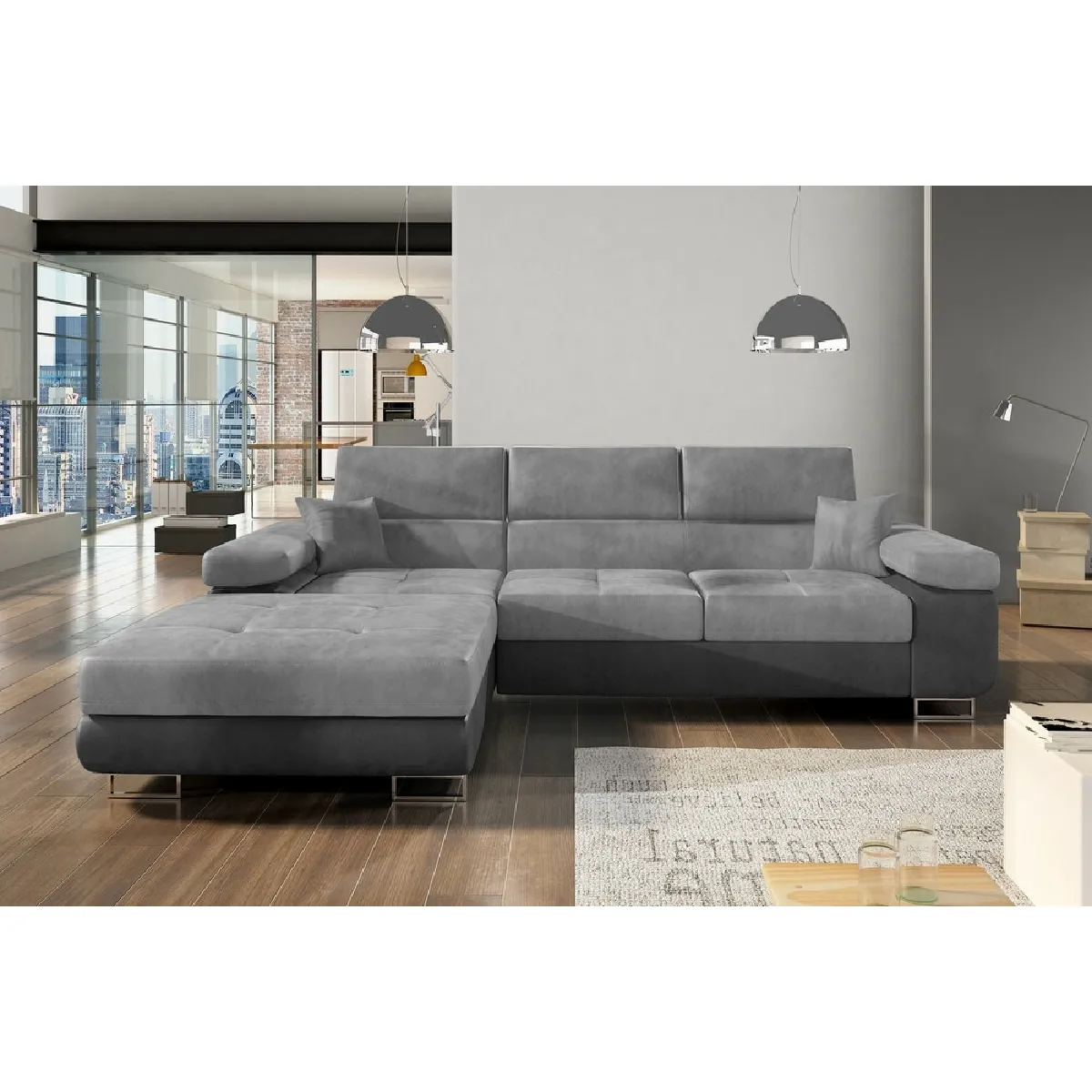 Canapé d'angle convertible ARMEL en tissu velours luxe 5 places, gris clair / gris foncé, bicolore, coffre, angle gauche