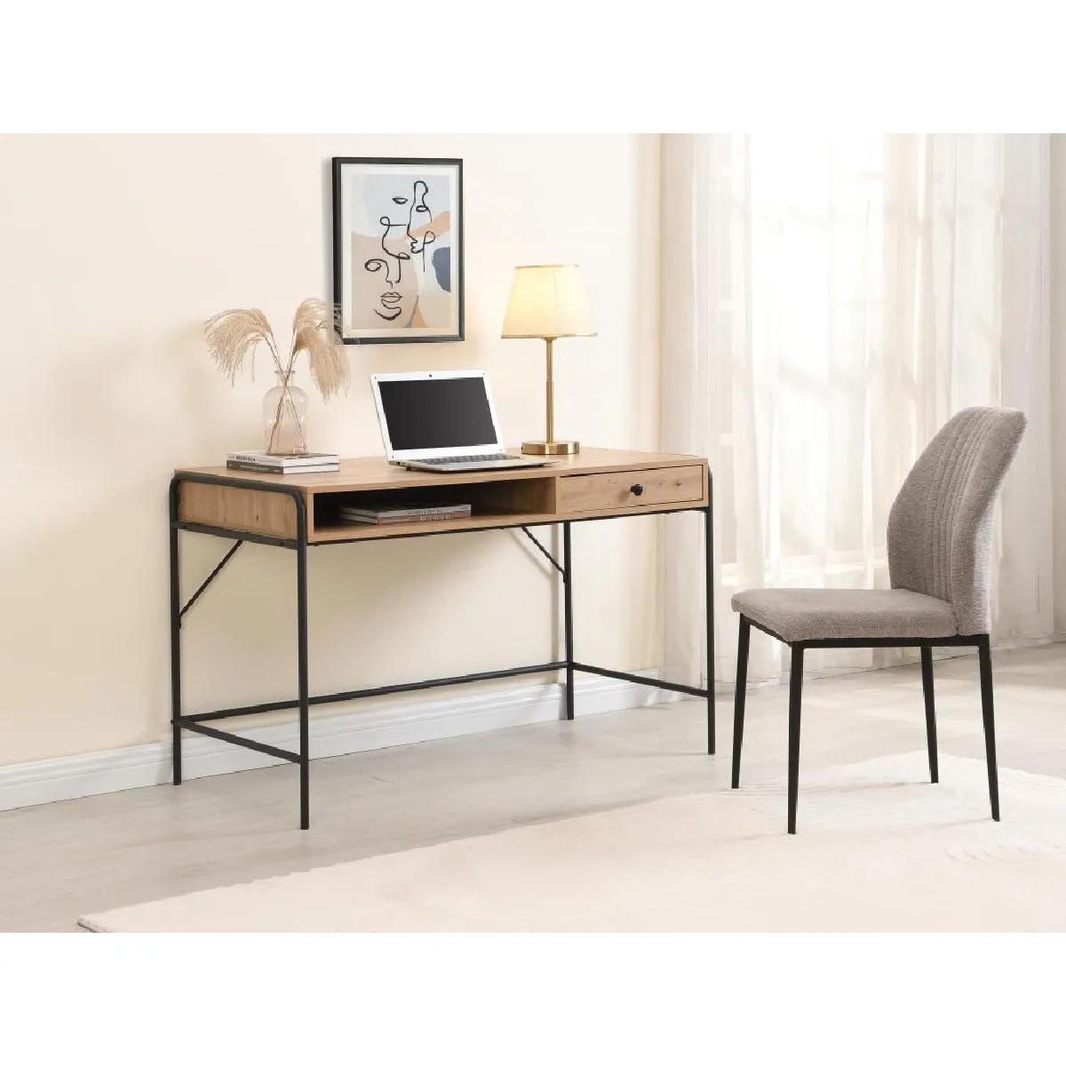 Bureau avec 1 tiroir et 1 niche - MDF et métal - Coloris : Naturel et noir - LAROFI