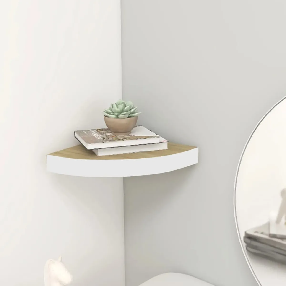 Étagère d'angle murale,Etagère de rangement flottante Chêne et blanc 25x25x3,8 cm MDF -MN10832