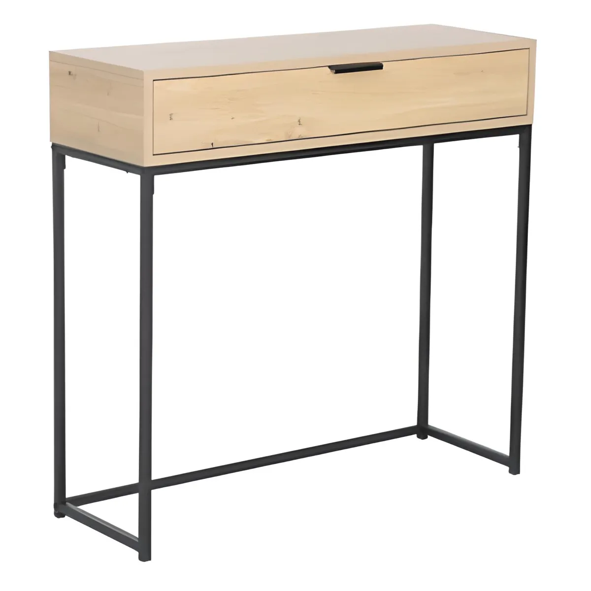 Console avec 1 tiroir en bois coloris chêne clair et métal coloris noir - longueur 80 x profondeur 28 x hauteur 77 cm