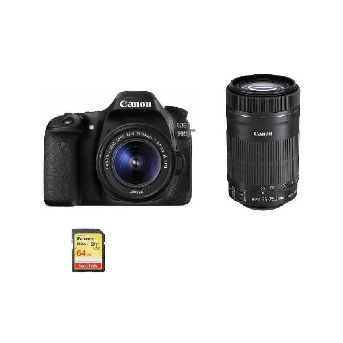 CANON EOS 80D KIT EF-S 18-55mm F3.5-5.6 IS STM + EF-S 55-250mm F4-5.6 IS STM (White Box) + 64GB SD card