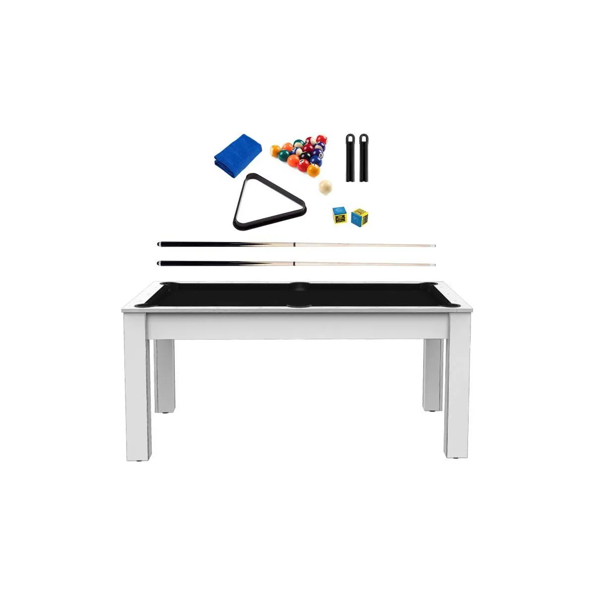 Billard convertible table 6 personnes Texas + pack accessoires Confort blanc laqué et noir (tapis)