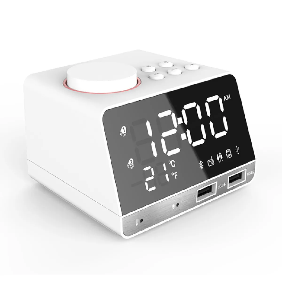 Haut-parleur blanc Réveil Horloge Bluetooth Digital Sans Wirwoofer Subwoofer Réveil Haut-parleur FM Radio Récepteur avec ports numériques à LED Numérique 2 ports USB -orateur portable