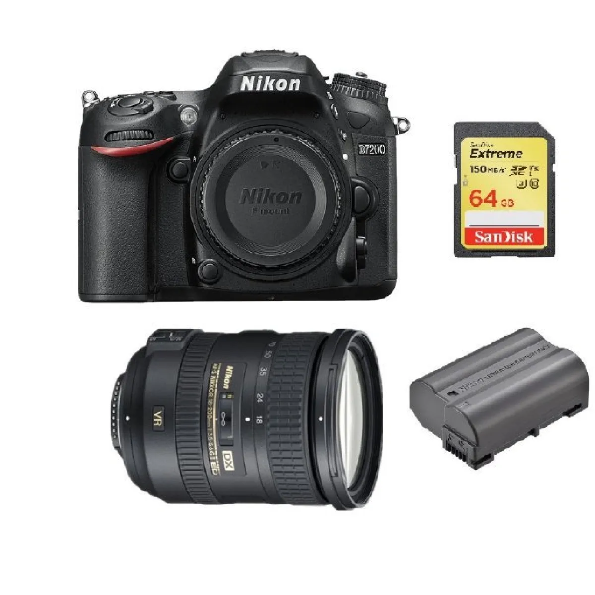 NIKON D7200 + AF-S 18-200MM F3.5-5.6G ED VR II DX + 64GB SD card + EN-EL15B Battery