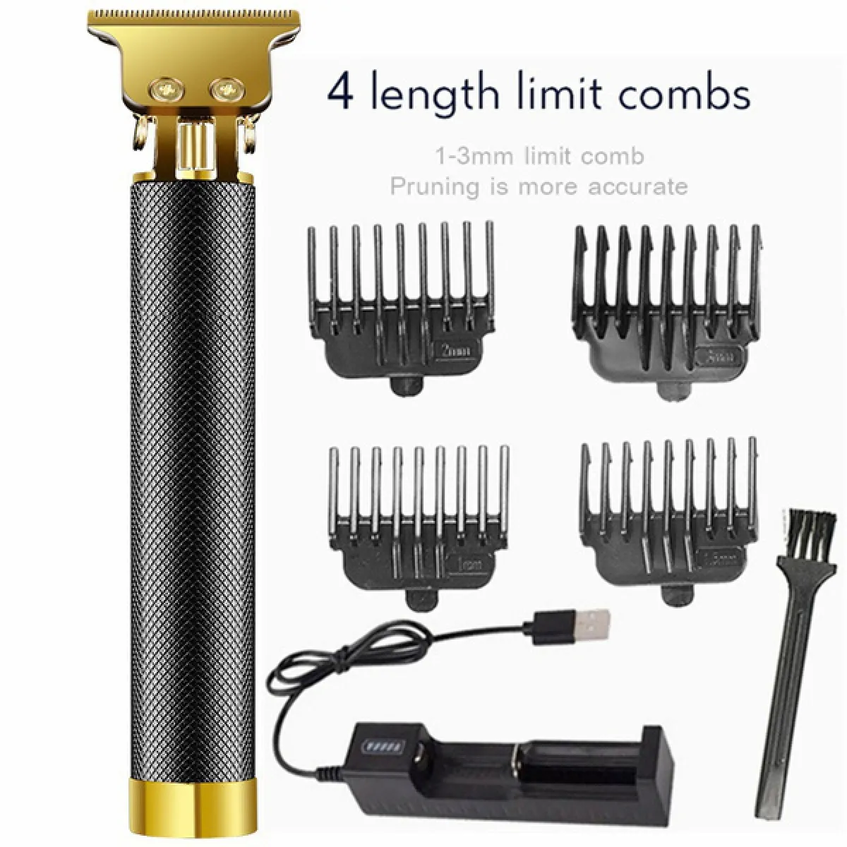 2021 Épingle à cheveux sans fil USB rechargeable Set de beauté en T Lame Coupe fermée Tondeuse Hommes 0mm Zéro espace Chauve Barbe Rasoir Salon de Coiffure Professionnel (Doré)