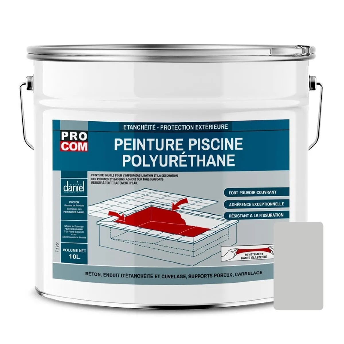 Peinture piscine béton, peinture polyuréthane pour piscine et bassin, étanche et souple, béton, enduit, ciment PROCOM-10 litres-Gris clair (RAL 7047)