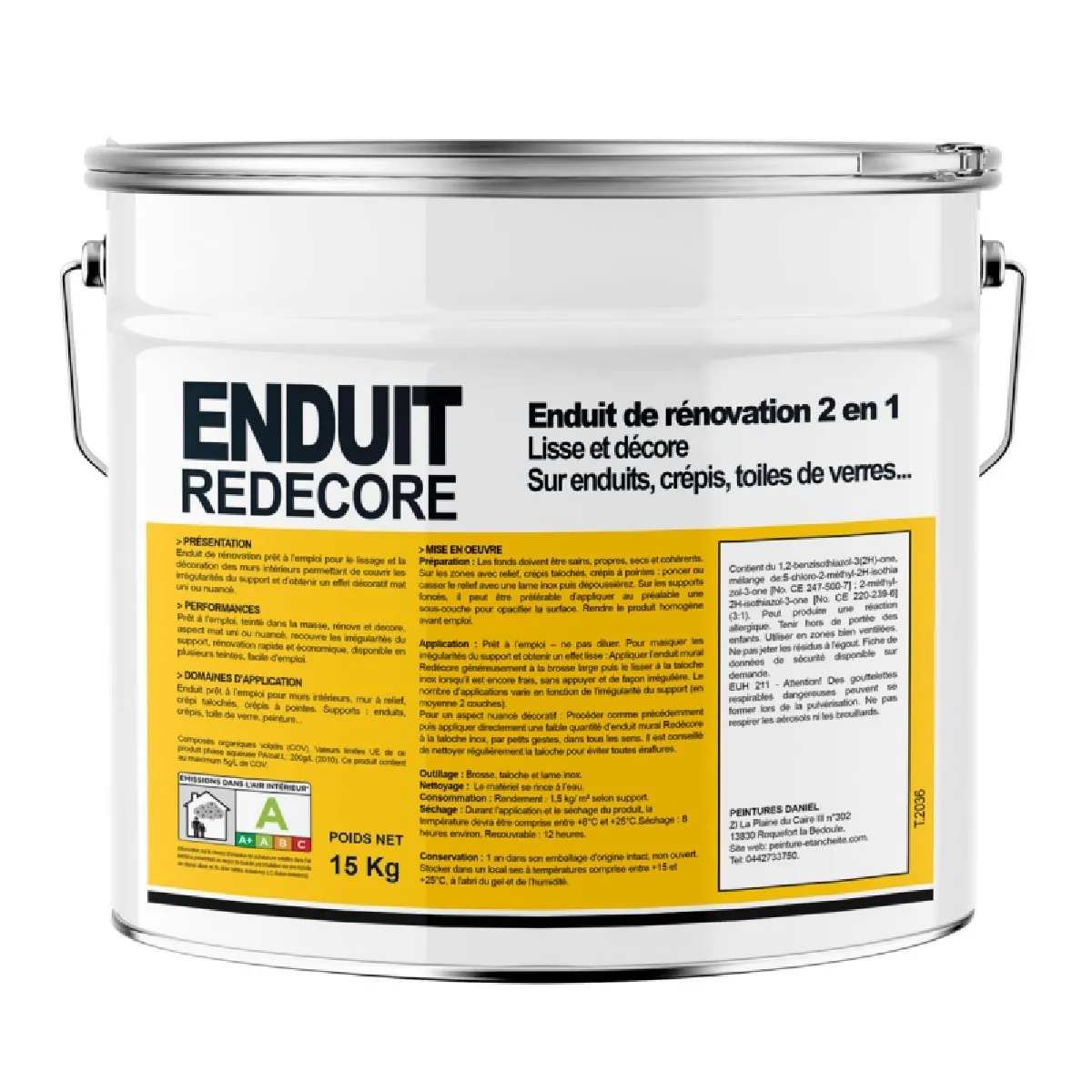 Enduit décoratif, rénovation rapide, 2 en 1, lisse et décore sur plâtre, peintures, crépis, fibres, toile de verre-15 Kg-Blanc