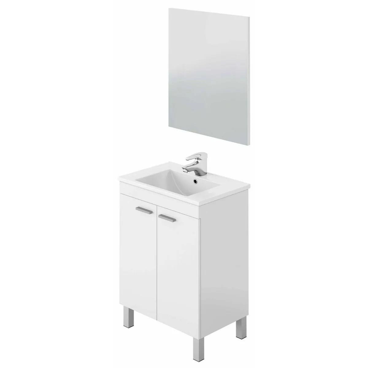 Meuble salle de bain Sous-vasque 60 cm avec 2 portes + Miroir coloris blanc brillant - H80 x Longueur 60 x Profondeur 45 cm