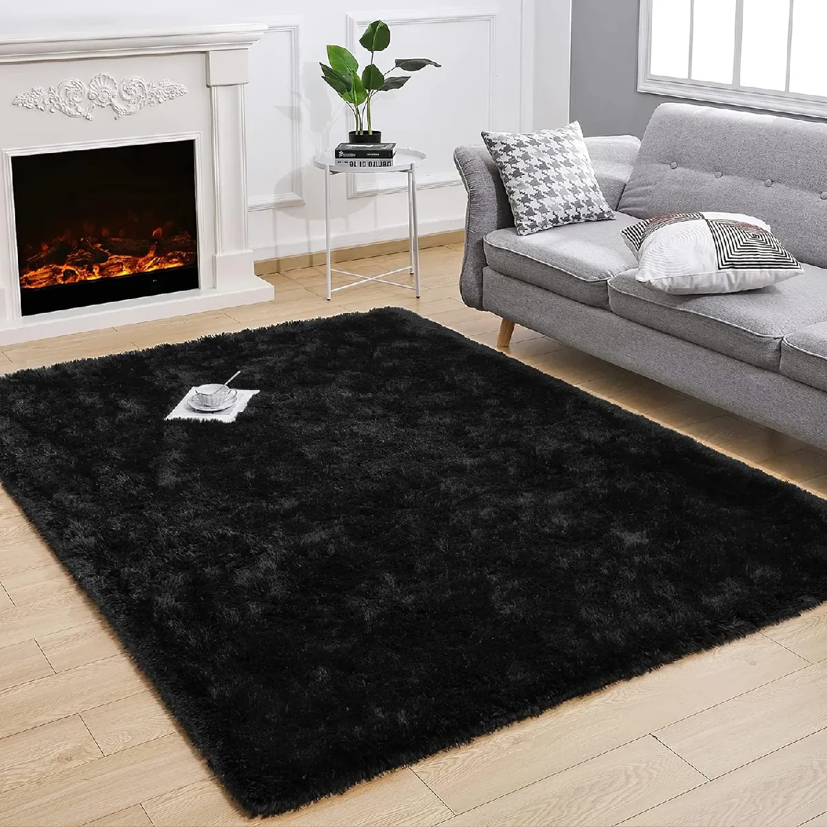 Tapis Salon Carré Shaggy Moderne Noir 180x200cm