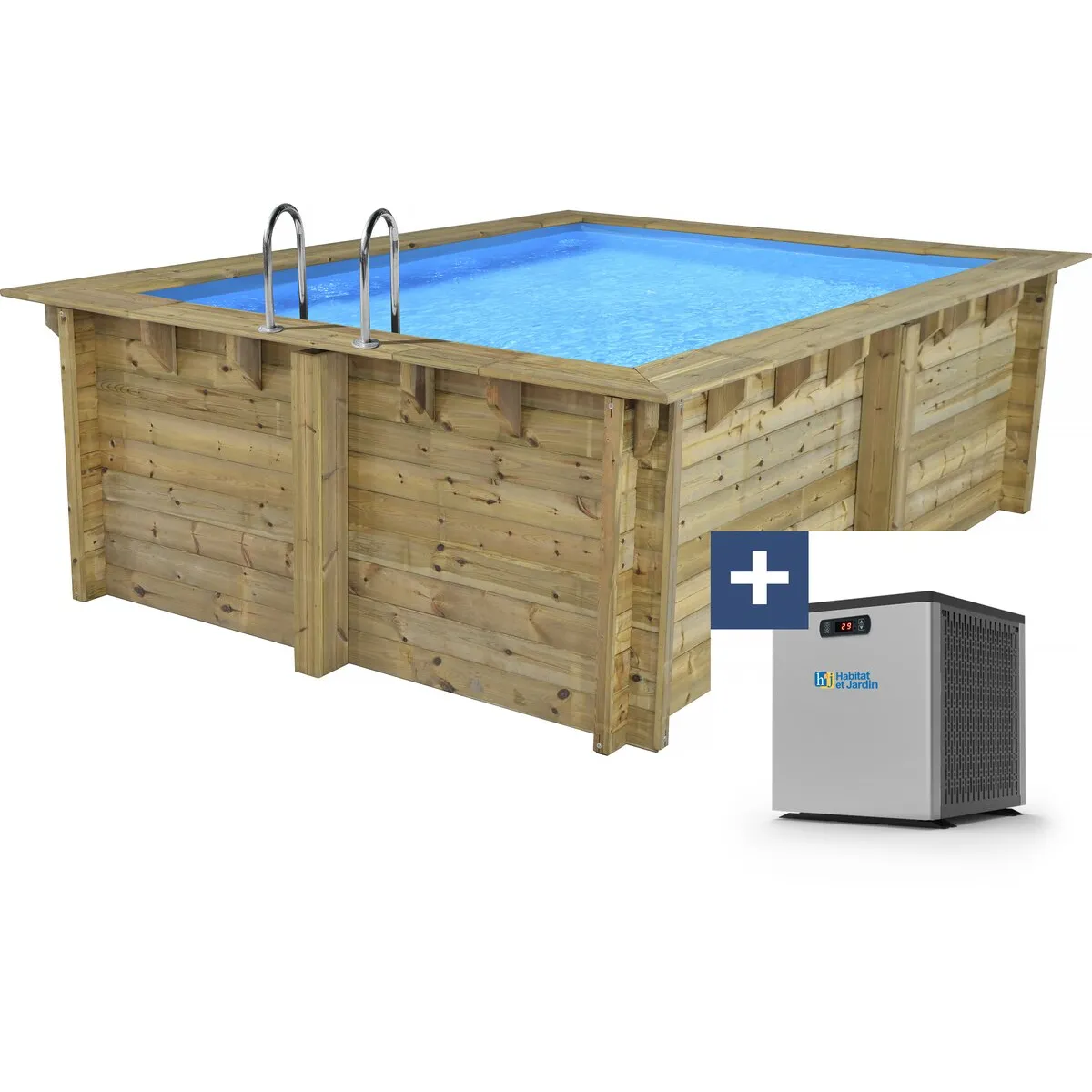 Piscine bois rectangle Caimans - 4.10 x 3.00 x 1.24 m + Mini pompe à chaleur 3.5kW - Métal - Gris