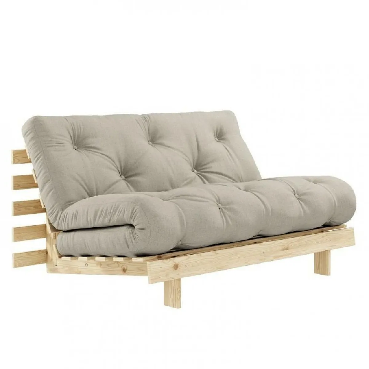 Canapé convertible futon ROOTS pin naturel coloris lin couchage 140*200 cm.