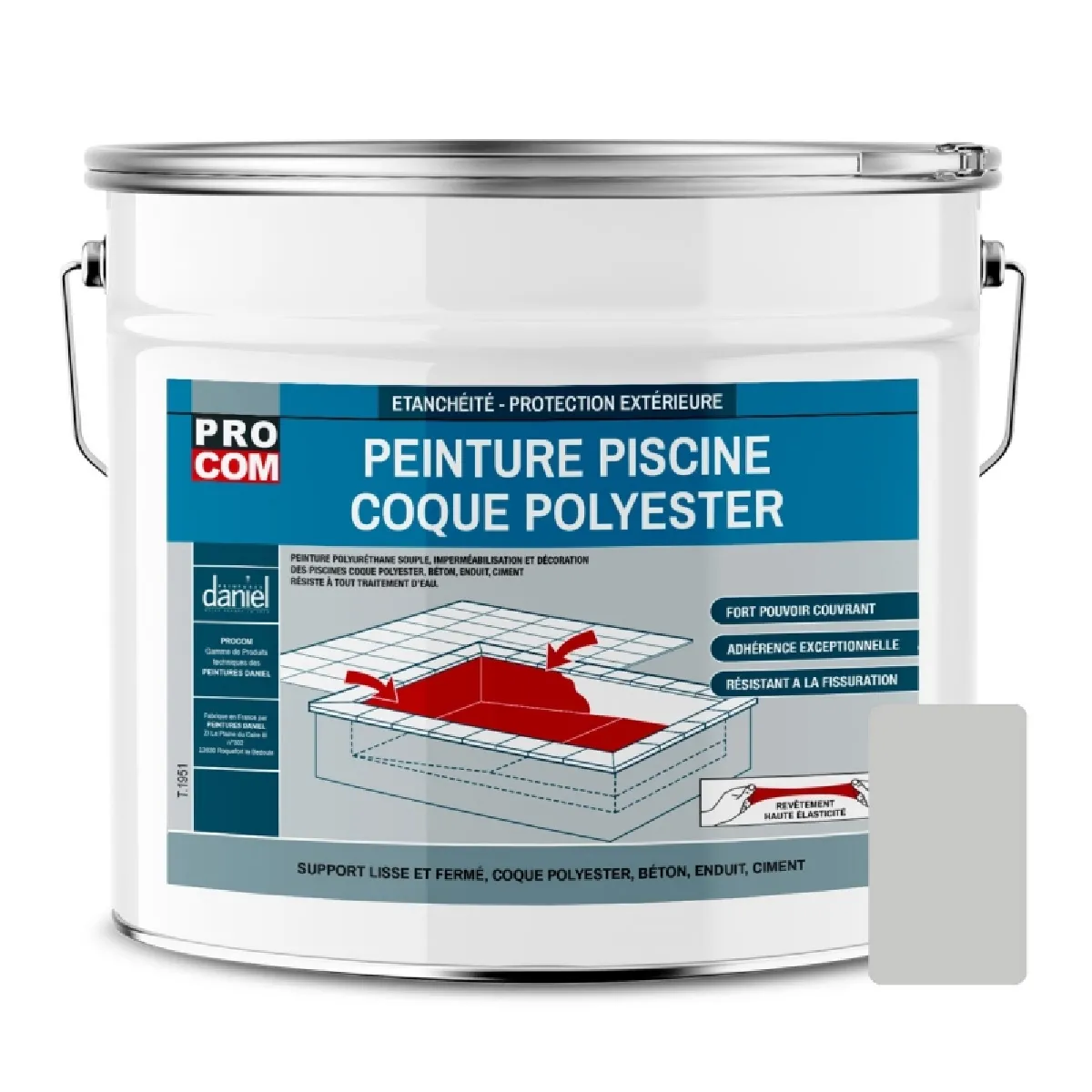 Peinture piscine coque polyester, béton, peinture piscine polyuréthane étanche et souple, haut de gamme PROCOM-12.5 Kg-Gris clair (RAL 7047)