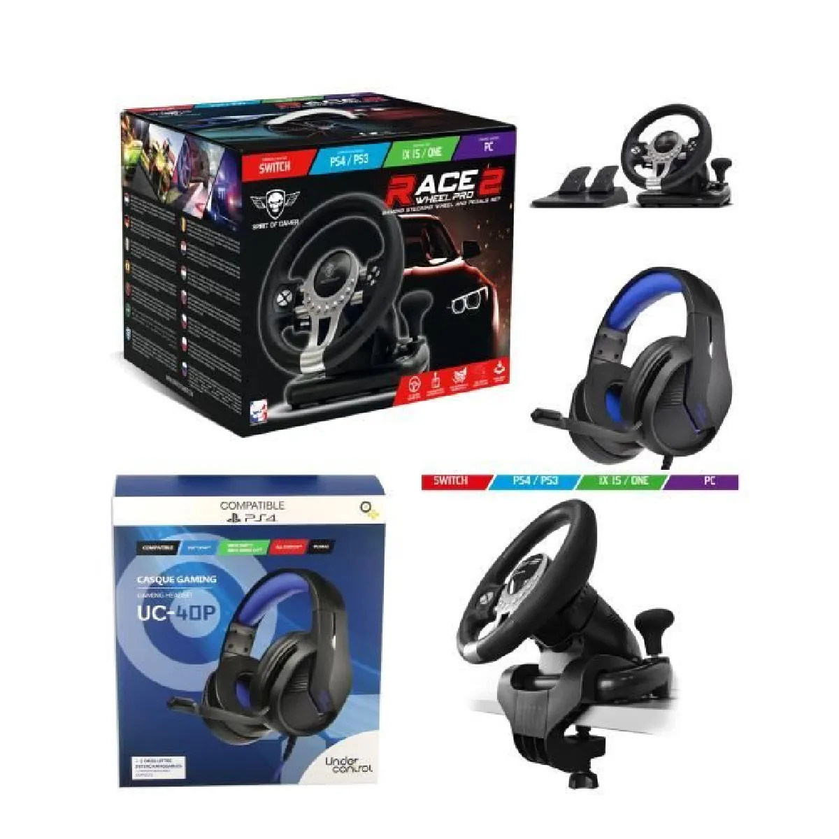 Volant et pédales de jeu Race Pro Wheel 2 Xbox Séries X-S PS4 SWITCH PC SPIRIT OF GAMER + CASQUE GAMER X-S PS4 PS3 SWITCH PC