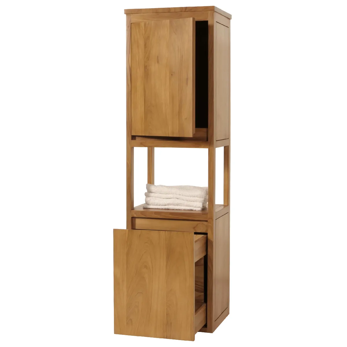 Armoire haute en teck HWC-M71, armoire de salle de bain Étagère de salle de bain, teck de qualité B-Grade (bois de cœur, 20-30 ans), 141x41x36cm