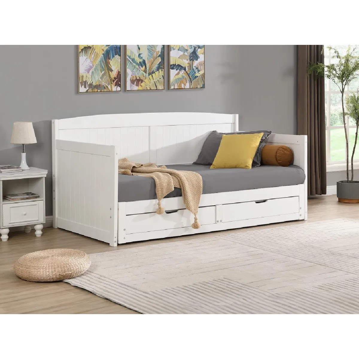 Lit gigogne banquette 90 x 190 ou 180 x 190 cm - Avec sommier peigne et tiroirs - Pin et MDF - Blanc - DINIVA