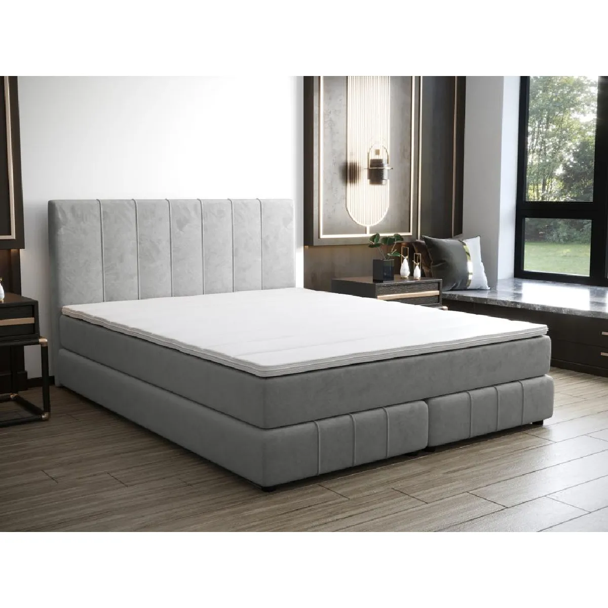 Ensemble complet boxspring tête de lit + sommier + matelas + surmatelas - 160 x 200 cm - Velours - Gris clair - HIDA de YSMÉE