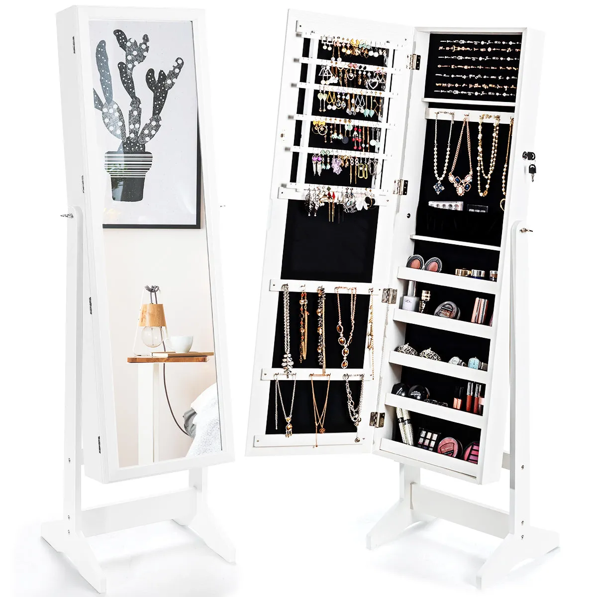 Armoire à bijoux sur pied avec miroir psyché inclinable à 4 angles rangement et présentoir pour bijoux blanc 20_0005414