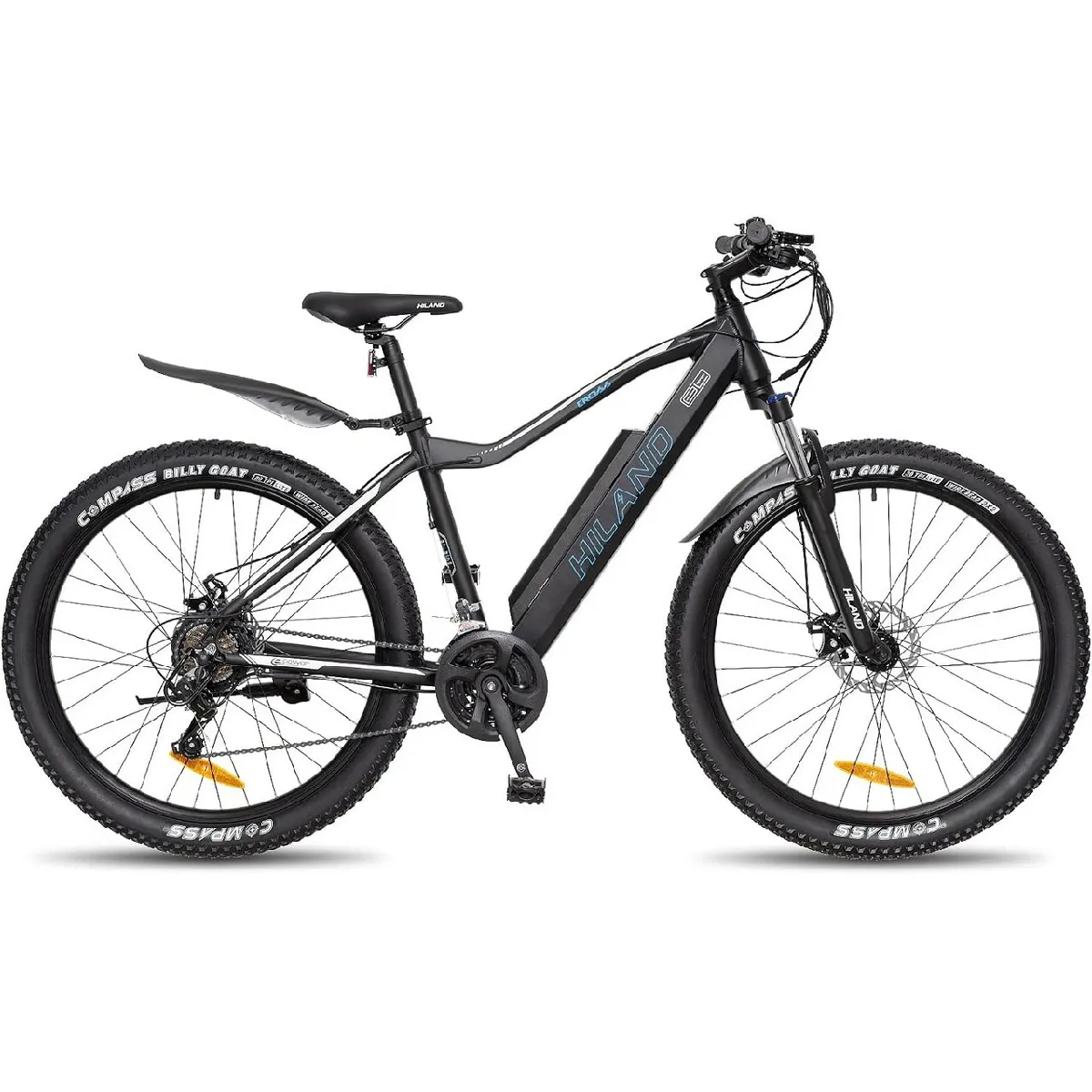 HILAND E-Bike 26/27,5 pouces Fat Tire E-MTB Vélo électrique Aluminium E-Mountainbike Shimano 21 vitesses & moteur arrière pour 25 km/h Noir/Blanc/Bleu