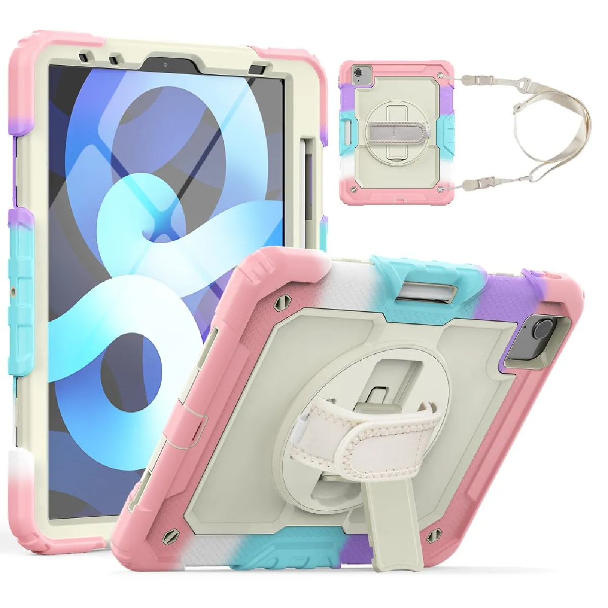 Coque en TPU + Silicone avec béquille et bandoulière Rose arc-en-ciel pour votre Apple iPad Air (2020)/Pro 11 pouces (2020)