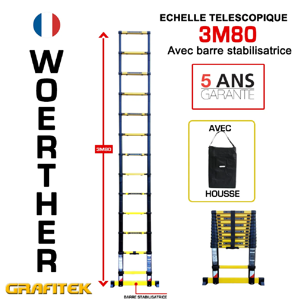 Echelle télescopique Woerther 3m80 - Avec housse - Gamme Grafitek - Qualité supérieur - Garantie 5 ans