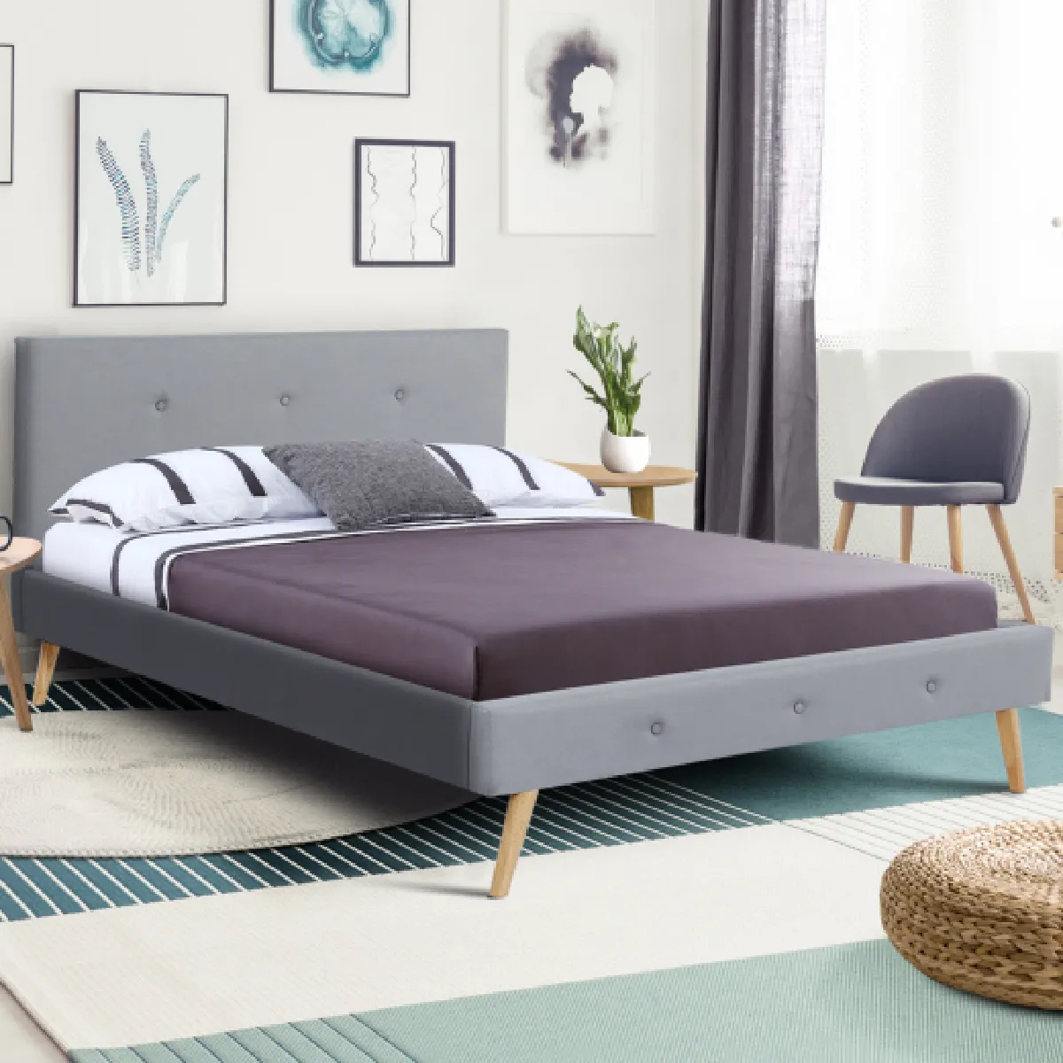 Lit double scandinave OSLO avec tête de lit et sommier 160 x 200 cm tissu gris