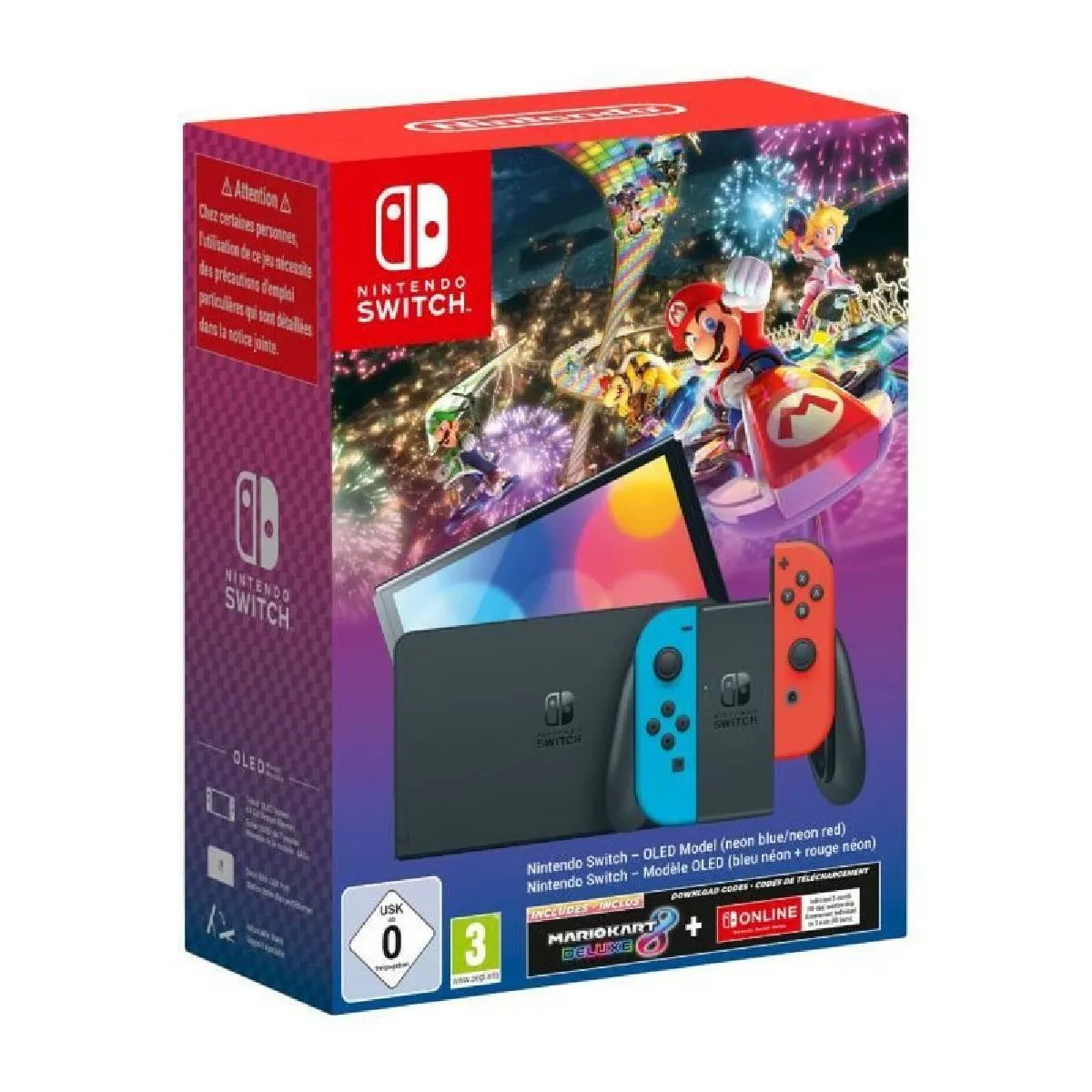 Console Nintendo Switch - Modele OLED • Bleu Néon & Rouge Néon + Mario Kart 8 Deluxe (Code) + 3 mois d'abonnement NSO (Code)