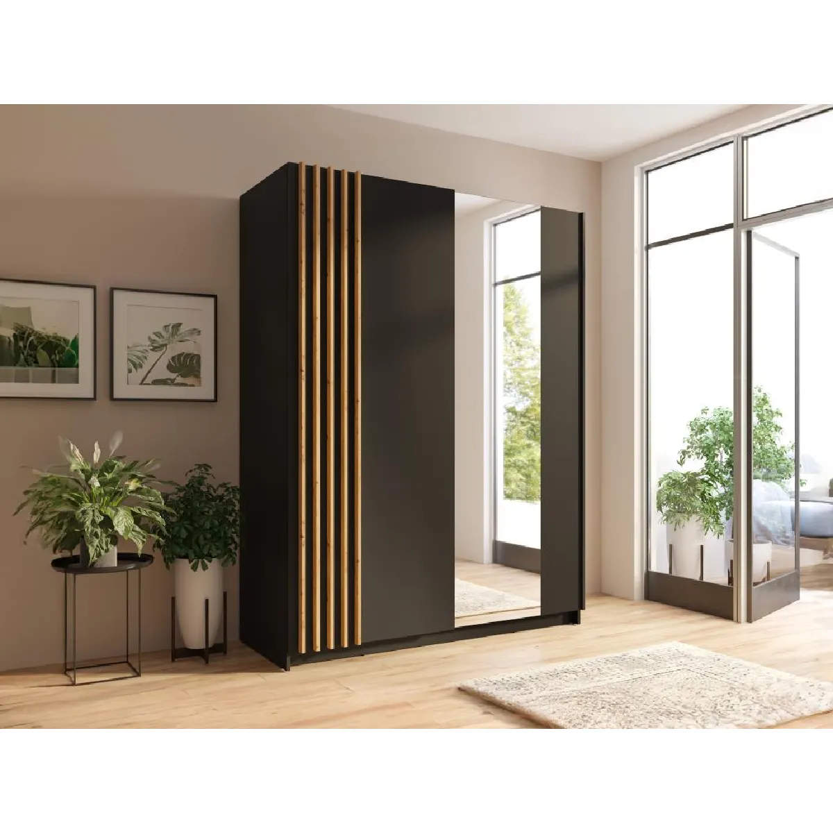 Armoire 2 portes coulissantes - Avec miroir - L150 cm - Noir et naturel - CALELA