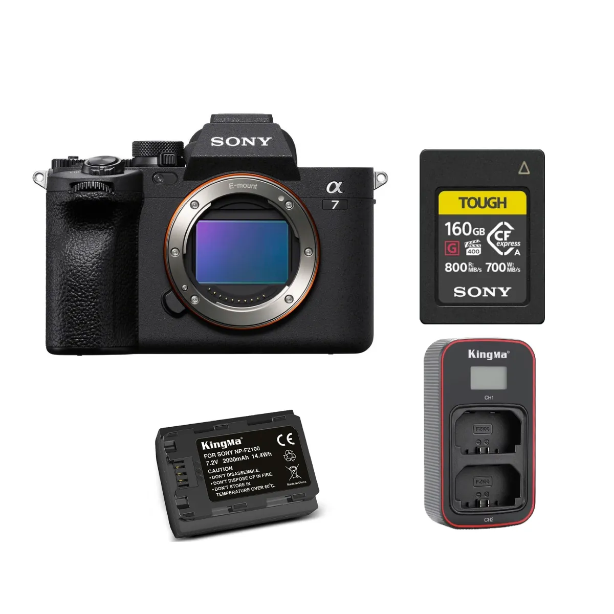 Sony A7 IV Body +Sony 160GB CFexpress Type A TOUGH Memory Card+ Kingma 2000mAh Battery (Sony NP-FZ100) + Kingma Sony NP-FZ100 LCD Dual USB charger