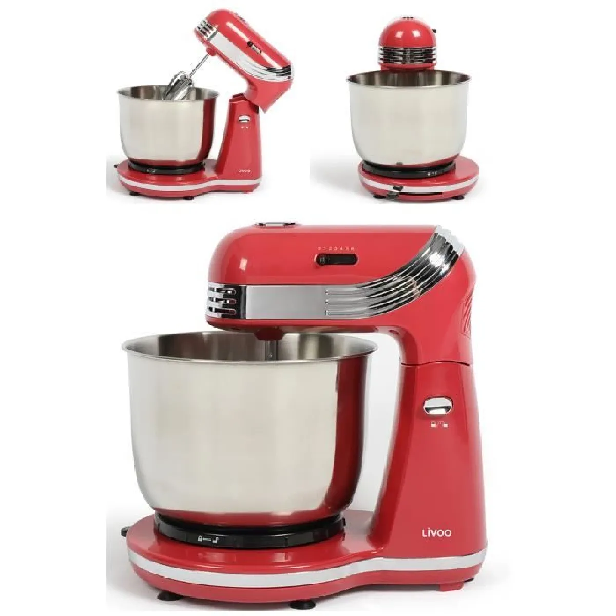 Robot Pâtissier Pétrin Rouge 3L 250W Bol inox 3L 6 vitesses de rotation pour préparer vos pâtes à tartes, crêpes, pizza, pain crème