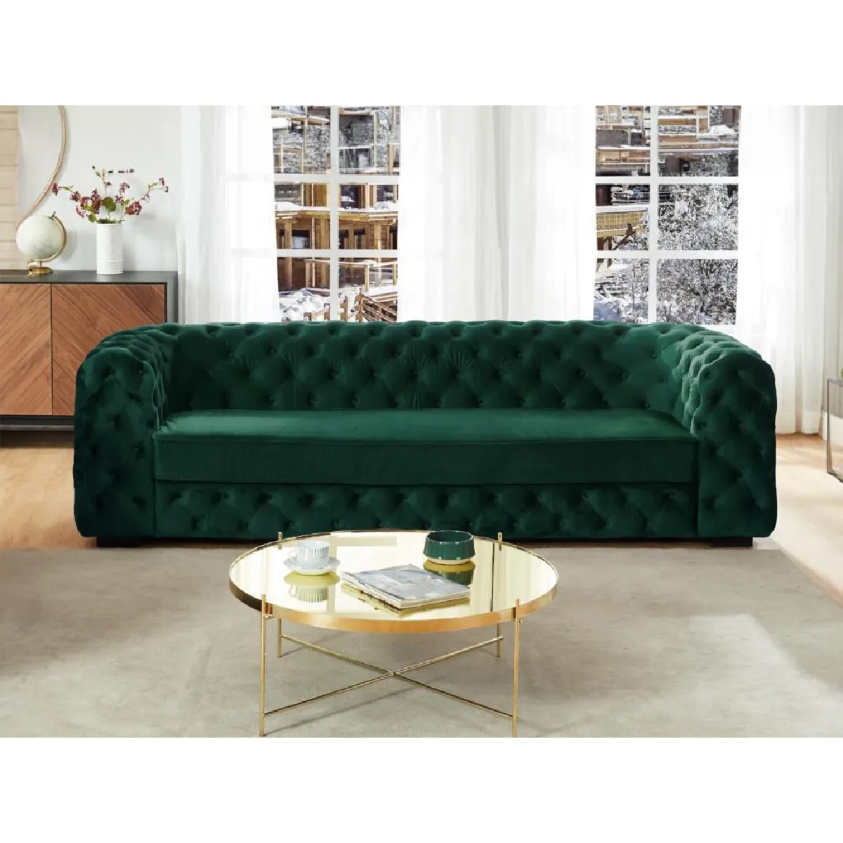 Canapé 3 places chesterfield STANLEY - Velours vert sapin