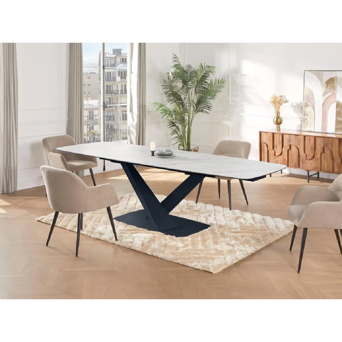 Table à manger extensible 6 à 10 personnes en verre trempé, céramique et métal - Effet marbre blanc et noir - MALATA de Maison Céphy