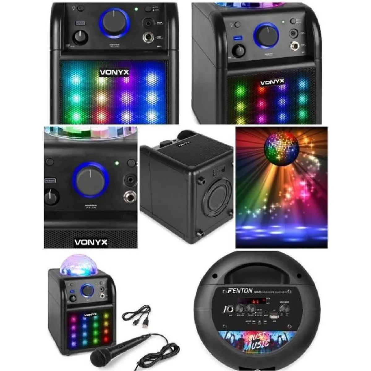 ENCEINTE KARAOKÉ SUR BATTERIE, BT, AVEC EFFETS LEDS, NOIR 50 W Dôme RGB+ MICRO