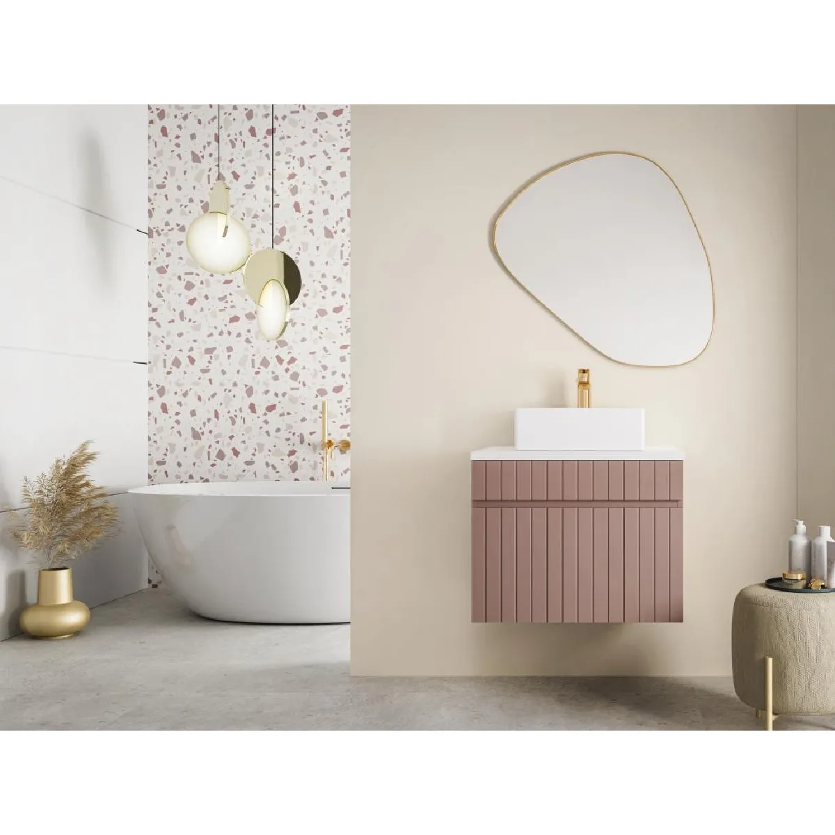 Meuble de salle de bain suspendu strié rose avec vasque à poser - 60 cm - SATARA