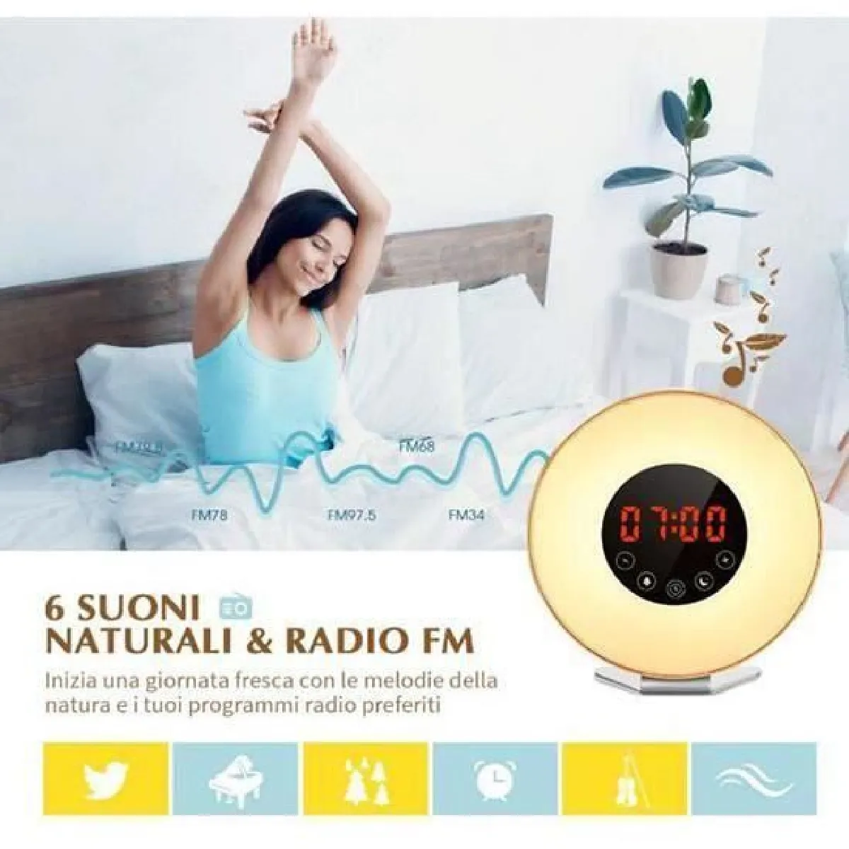 Réveil Sunrise, réveil numérique à lumière avec 6 Sons naturels et Radio FM, Simulation Aube et Crépuscule, Fonction Snooze pour