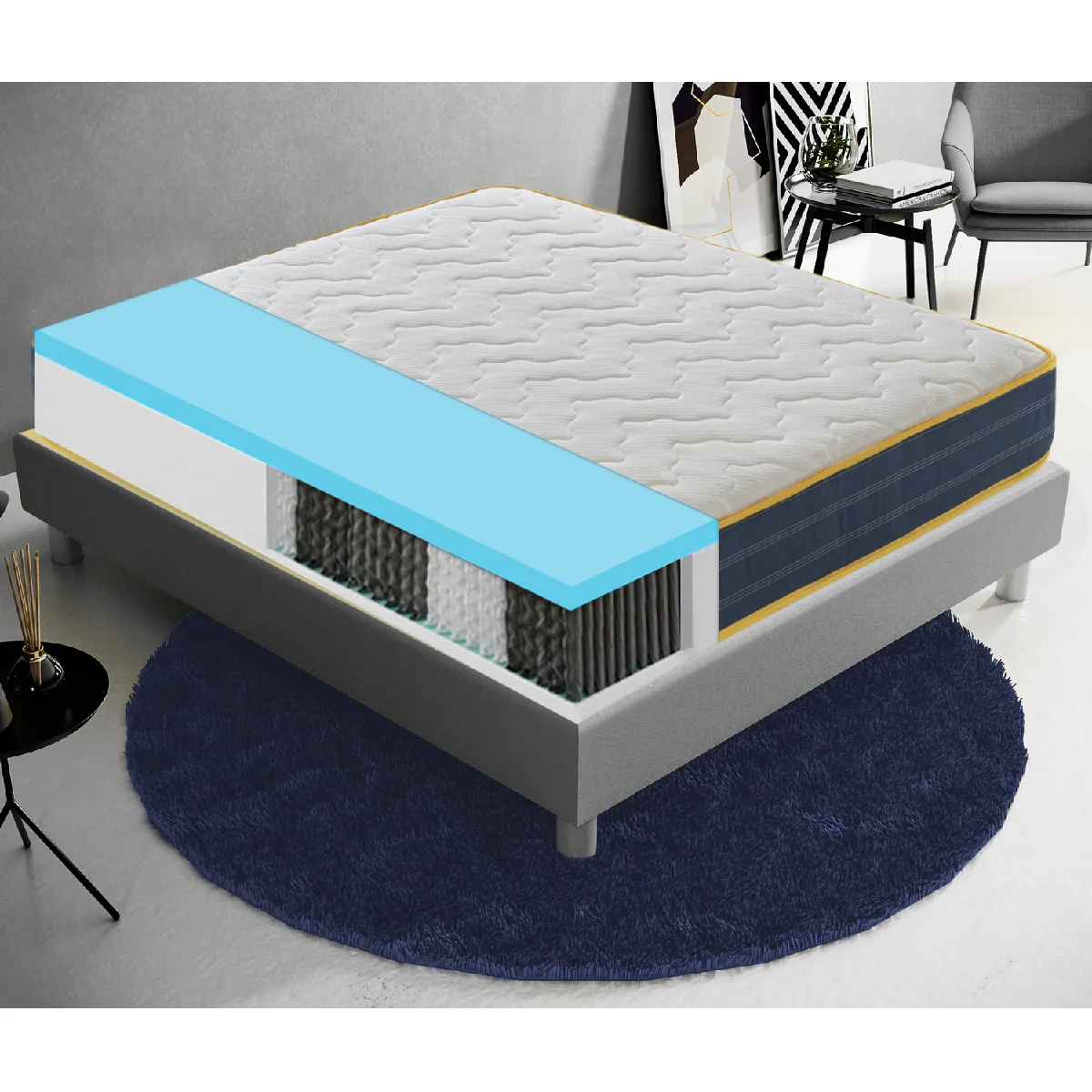 Matelas 160x200 ressorts ensachés et mousse mémoire à 9 zones différenciées - 23 cm de hauteur - Anatomique - Antibactérien - Anti-acarien - Dispositif médical - 100% Made in Italy