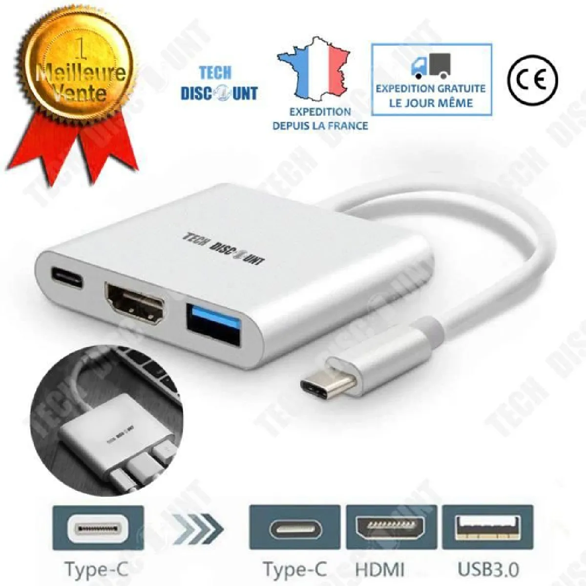 TD® Adaptateur USB 3 en 1 Multiport USB 3.1 type C-Thunderbolt 3 vers USB 3.0 + HDMI multisupport Macbook Chromebook, Gris PC