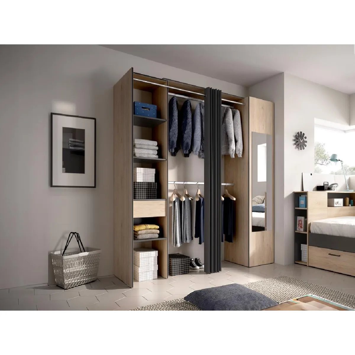 Dressing avec rideau et 1 porte - Avec miroir - L177 cm - Coloris : Naturel et anthracite - BERTRAND