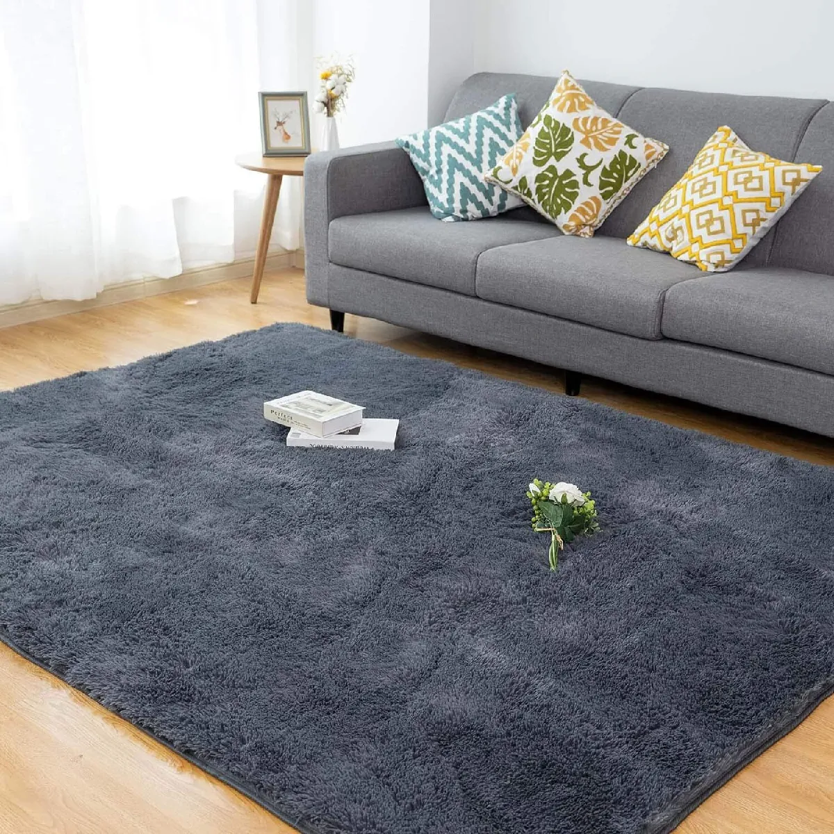 Tapis Salon Carré Shaggy Moderne Gris 160x200cm