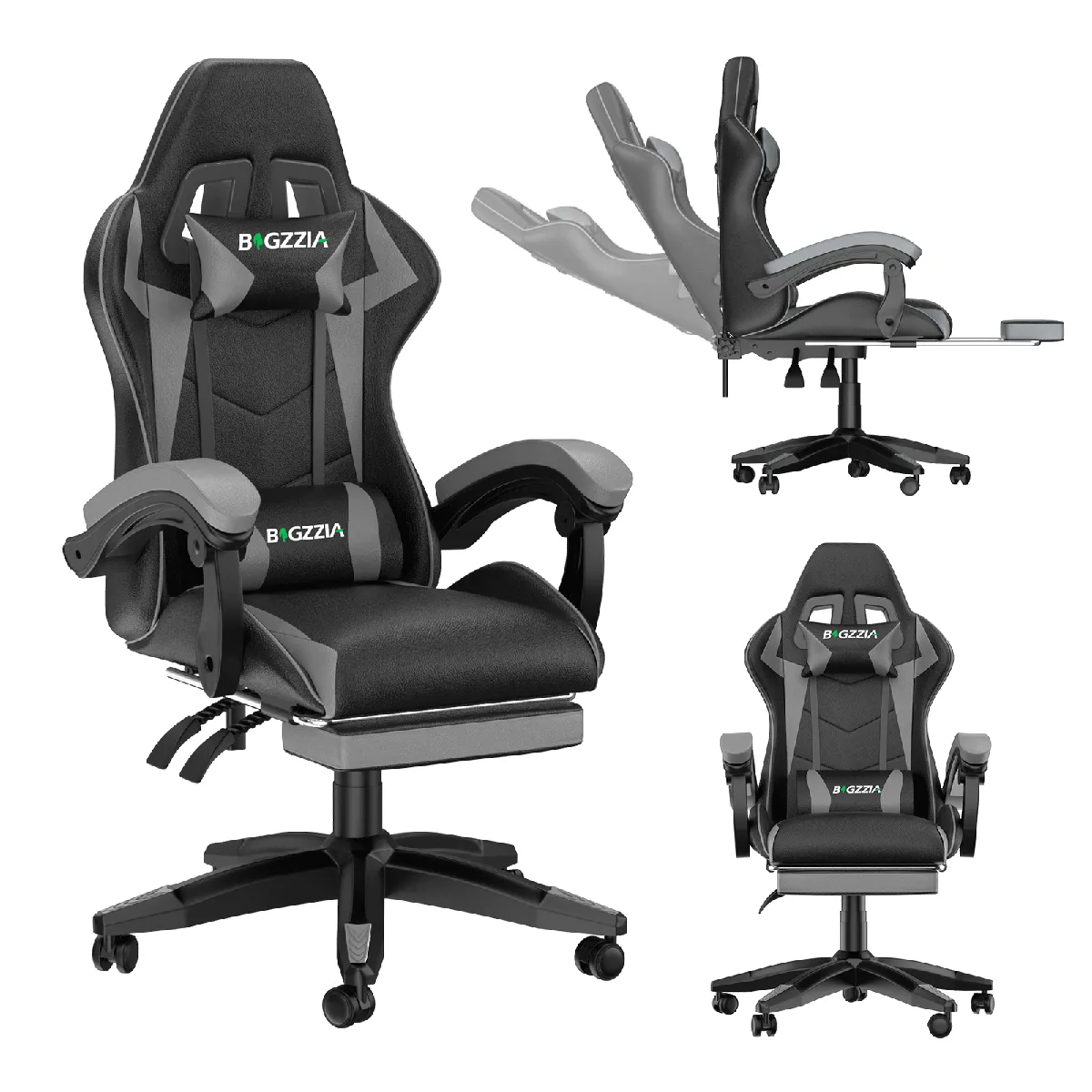 Chaise de Gaming avec Repose-Pied, Chaise Gaming Racing, Dossier Inclinable à 155, Avec support lombaire, Fauteuil gamer Ergonomique, Siege Gaming avec Appui-tête, Noir Gris