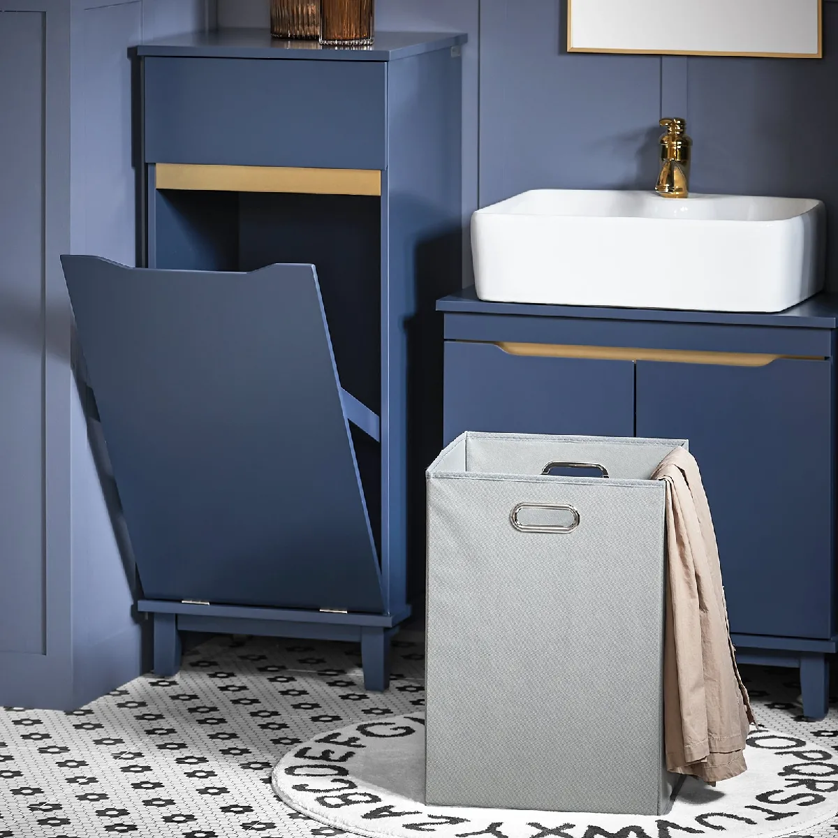 SoBuy BZR114-BArmoire à Linge Meuble Bas de Salle de Bain Corbeille à Linge Meuble de Rangement avec 1 Tiroir et 1 Panier à Linge Amovible Bleu