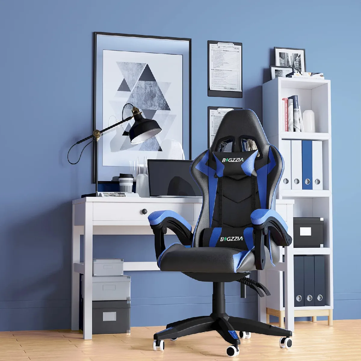 Chaise de Gaming Ergonomique, Fauteuil gamer, Dossier Inclinable à 155, avec Lombaire&Appui-Tête Appui, chaise gamer, PU Cuir Chaise Bureau, fauteuil gamer, chaise bureau gaming, Noir Bleu